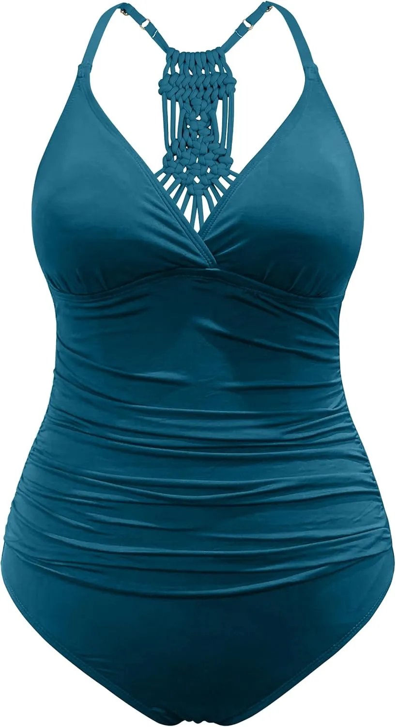 Firpearl Women's Tummy Control One Piece Bathing Suits V Neck Swimsuits Hand-Braid Macrame Ruched Slimming Swimwear