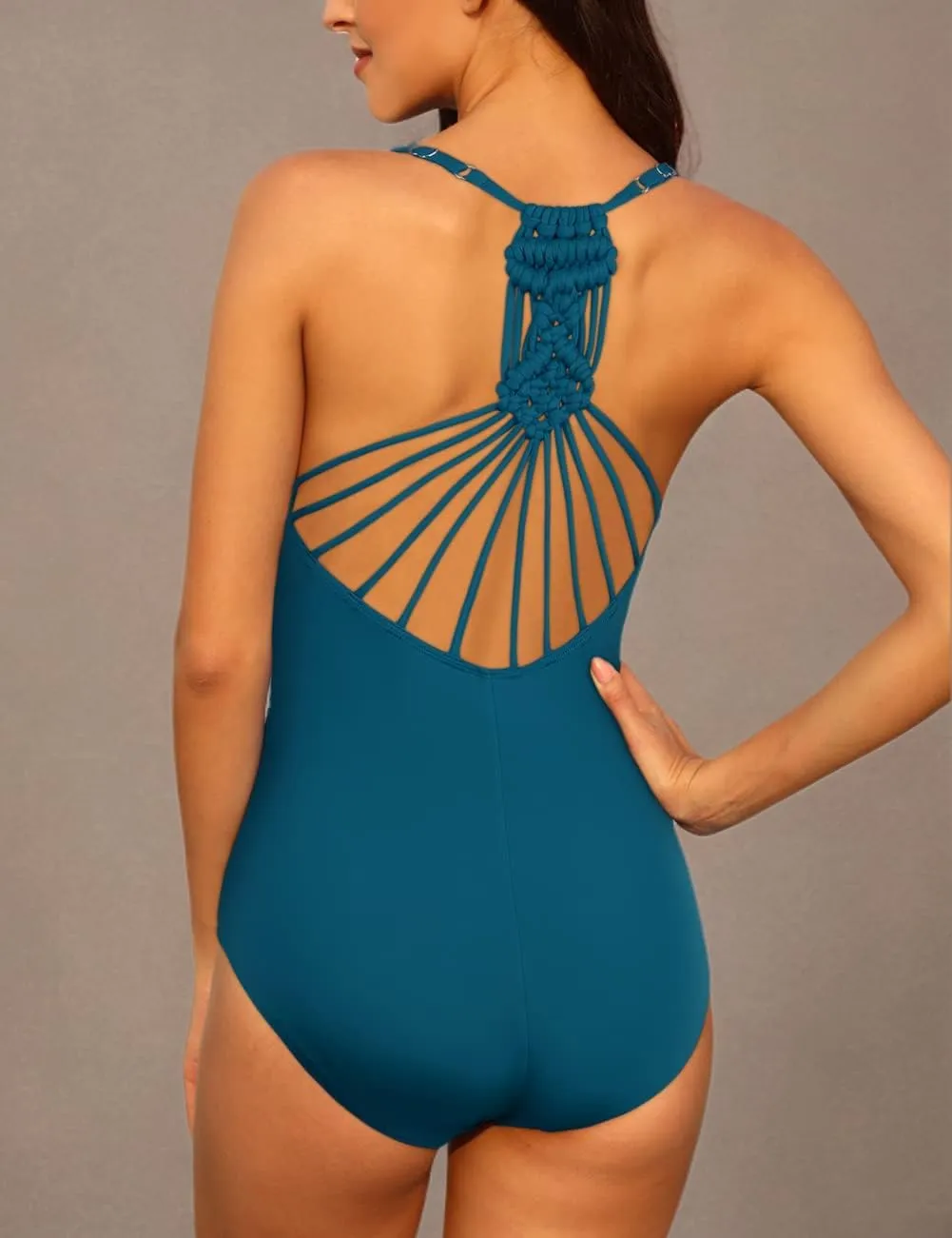 Firpearl Women's Tummy Control One Piece Bathing Suits V Neck Swimsuits Hand-Braid Macrame Ruched Slimming Swimwear