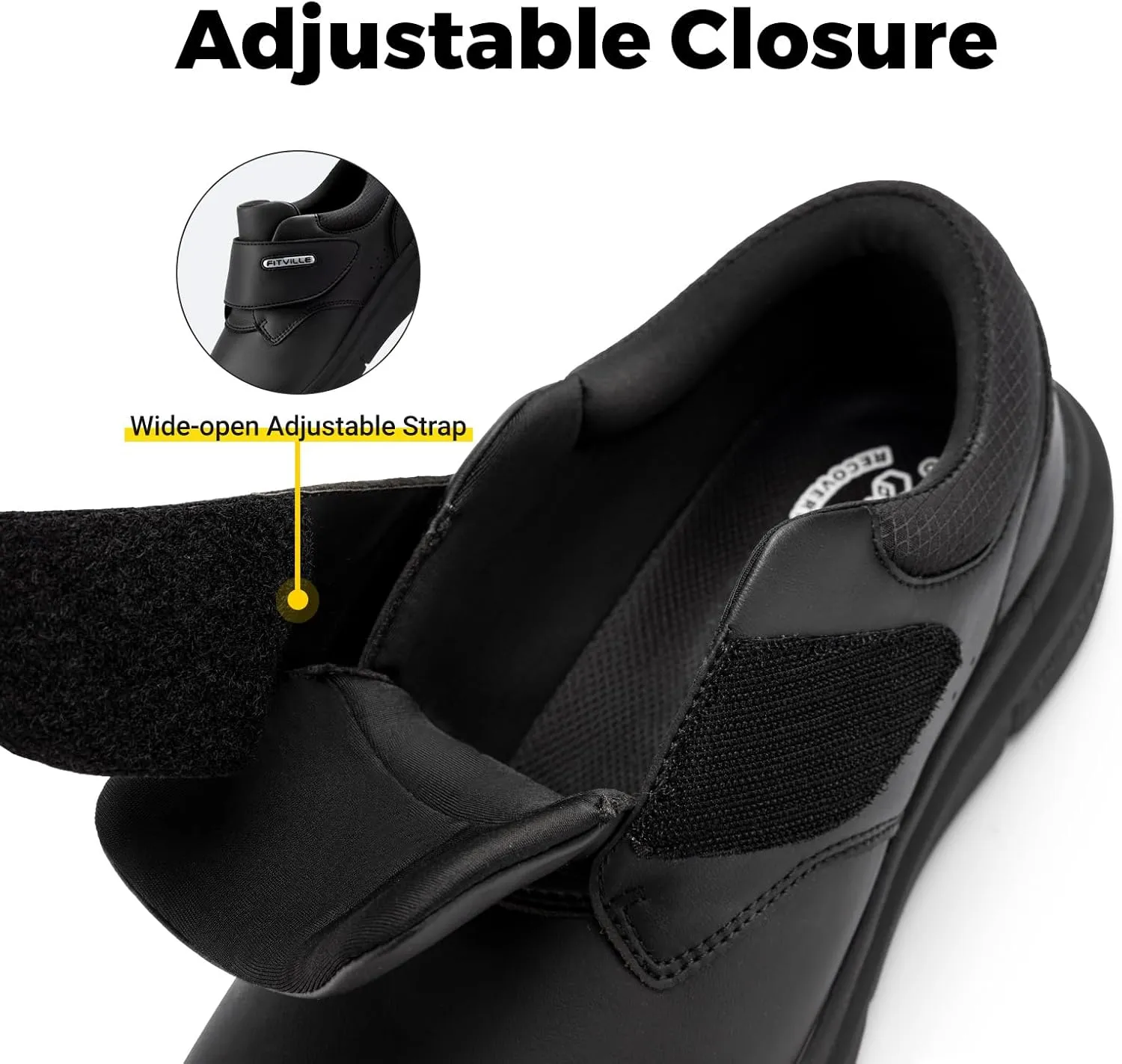 FitVille Diabetic Shoes for Men Extra Wide Slip-on Walking Shoes for Edema Hook & Loop Recovery Leather Oxford Shoes for Swollen Feet