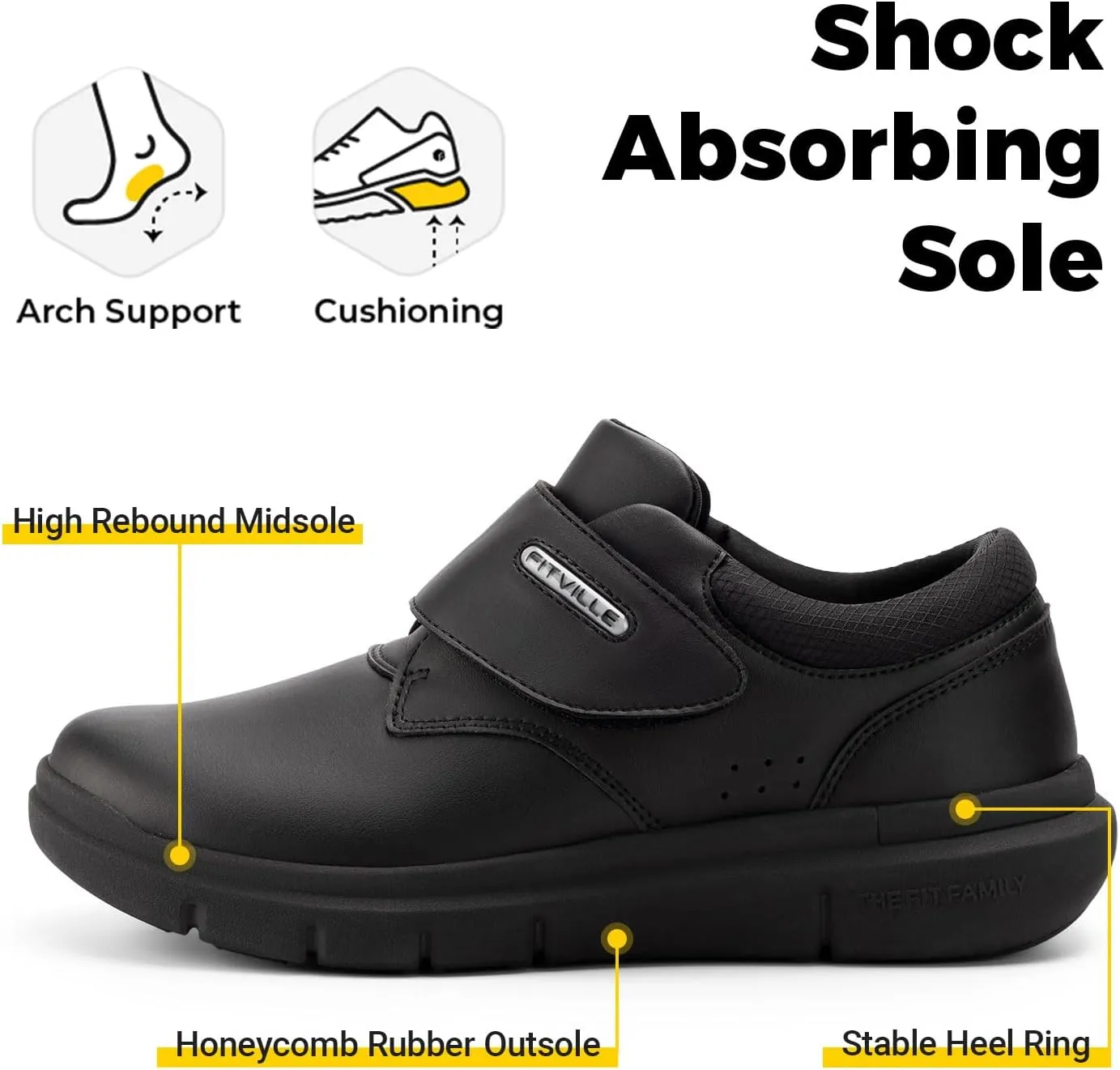 FitVille Diabetic Shoes for Men Extra Wide Slip-on Walking Shoes for Edema Hook & Loop Recovery Leather Oxford Shoes for Swollen Feet