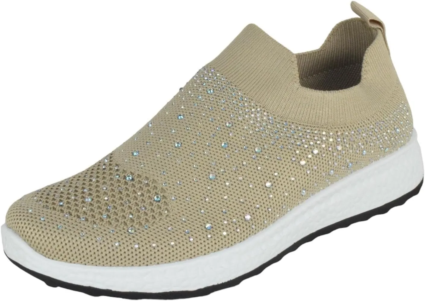 Flat Women Slip-On Sneakers Comfortable Sport Walking Running Shoes Rhinestone Bling Studs Elastic Breathable Knit Anti-Slip Resistant Labor-8