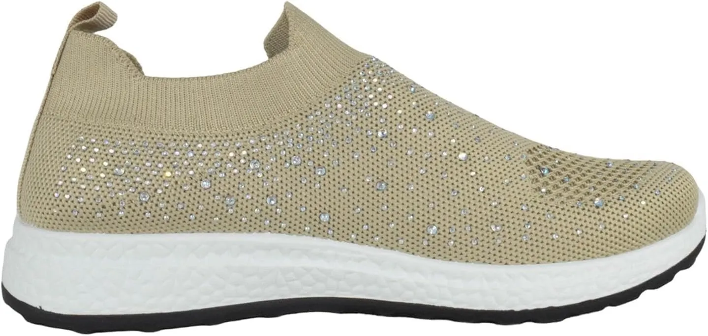 Flat Women Slip-On Sneakers Comfortable Sport Walking Running Shoes Rhinestone Bling Studs Elastic Breathable Knit Anti-Slip Resistant Labor-8