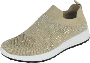 Flat Women Slip-On Sneakers Comfortable Sport Walking Running Shoes Rhinestone Bling Studs Elastic Breathable Knit Anti-Slip Resistant Labor-8