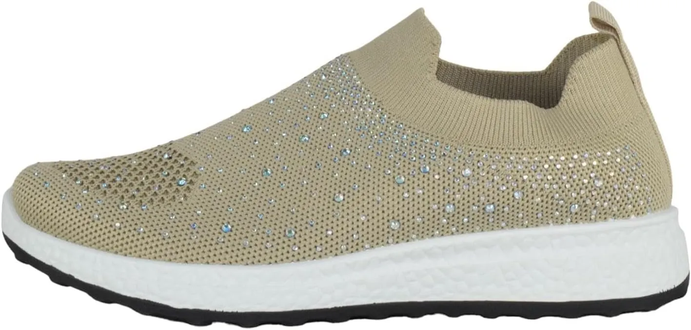 Flat Women Slip-On Sneakers Comfortable Sport Walking Running Shoes Rhinestone Bling Studs Elastic Breathable Knit Anti-Slip Resistant Labor-8