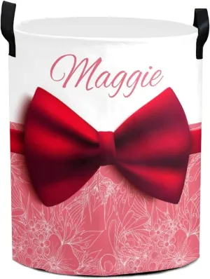 Floral Beautiful Red Bow Personalized Waterproof Foldable Laundry Basket Bag with Handle, Custom Collapsible Clothes Hamper Storage Bin for Toys Laundry Dorm Travel Bathroom