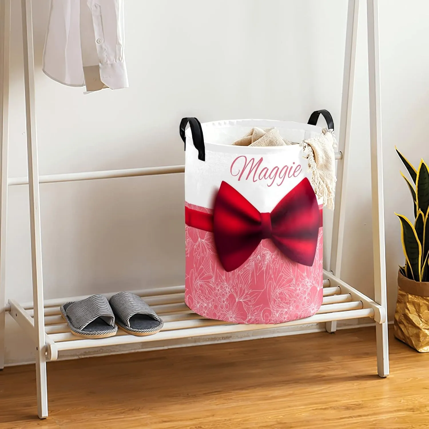 Floral Beautiful Red Bow Personalized Waterproof Foldable Laundry Basket Bag with Handle, Custom Collapsible Clothes Hamper Storage Bin for Toys Laundry Dorm Travel Bathroom