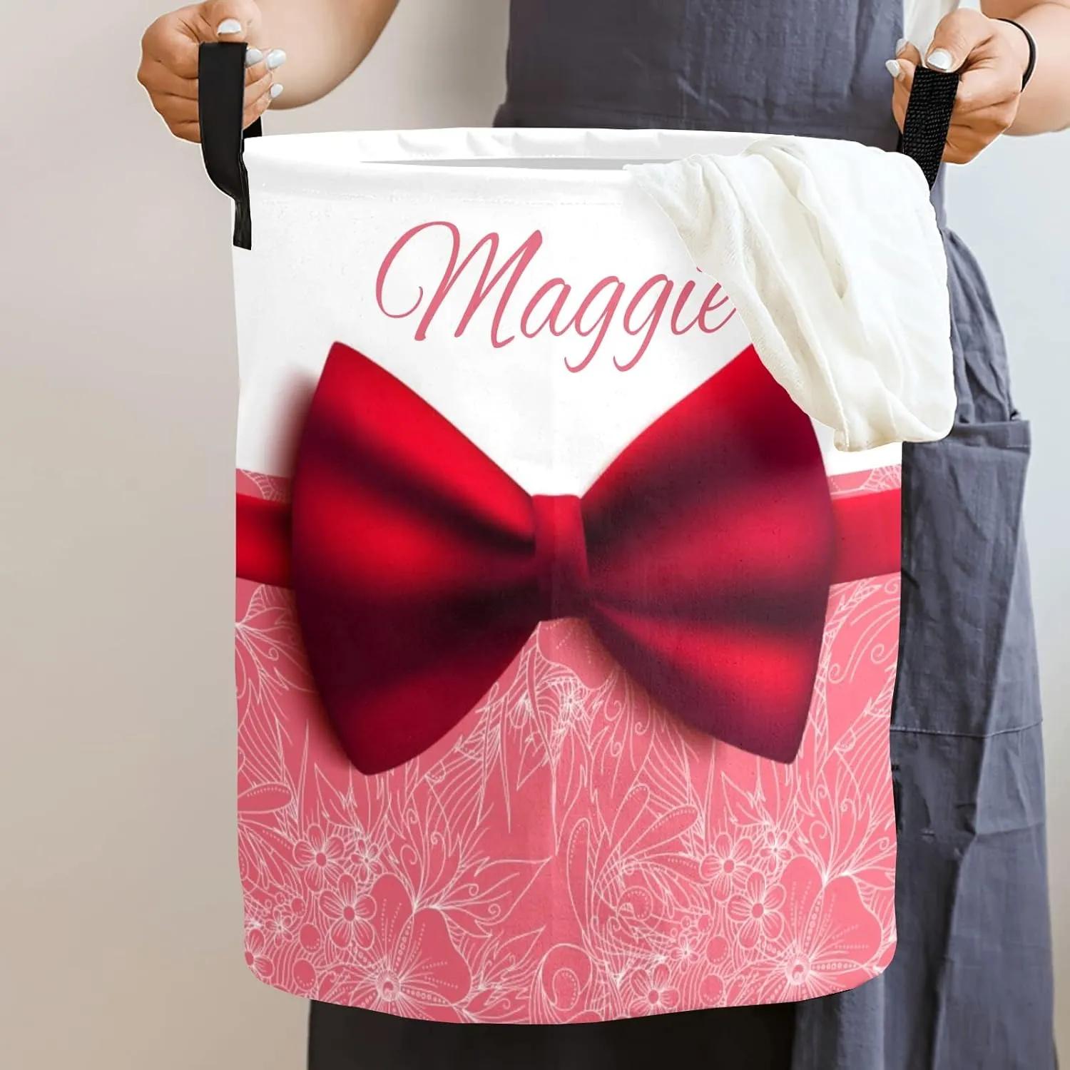 Floral Beautiful Red Bow Personalized Waterproof Foldable Laundry Basket Bag with Handle, Custom Collapsible Clothes Hamper Storage Bin for Toys Laundry Dorm Travel Bathroom