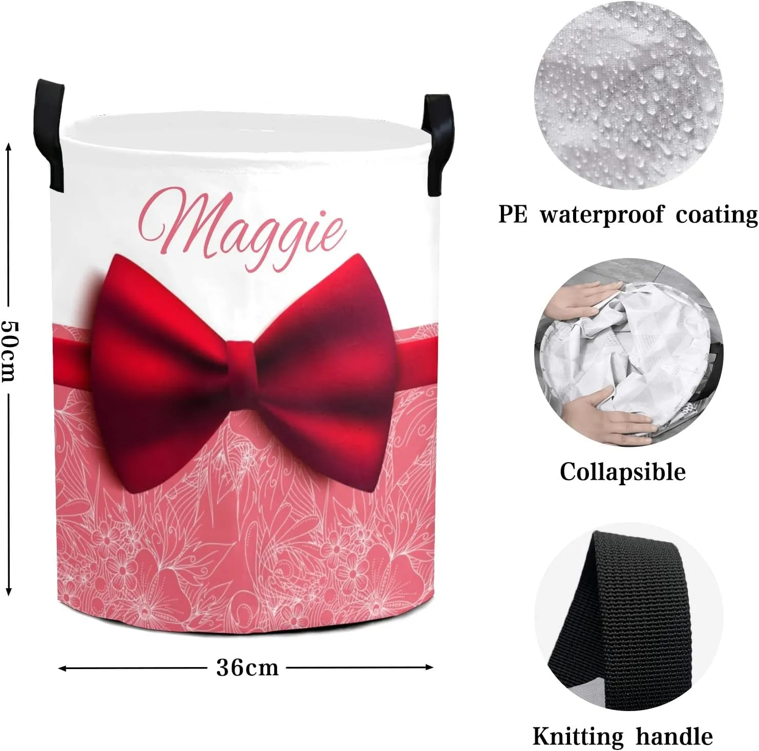Floral Beautiful Red Bow Personalized Waterproof Foldable Laundry Basket Bag with Handle, Custom Collapsible Clothes Hamper Storage Bin for Toys Laundry Dorm Travel Bathroom