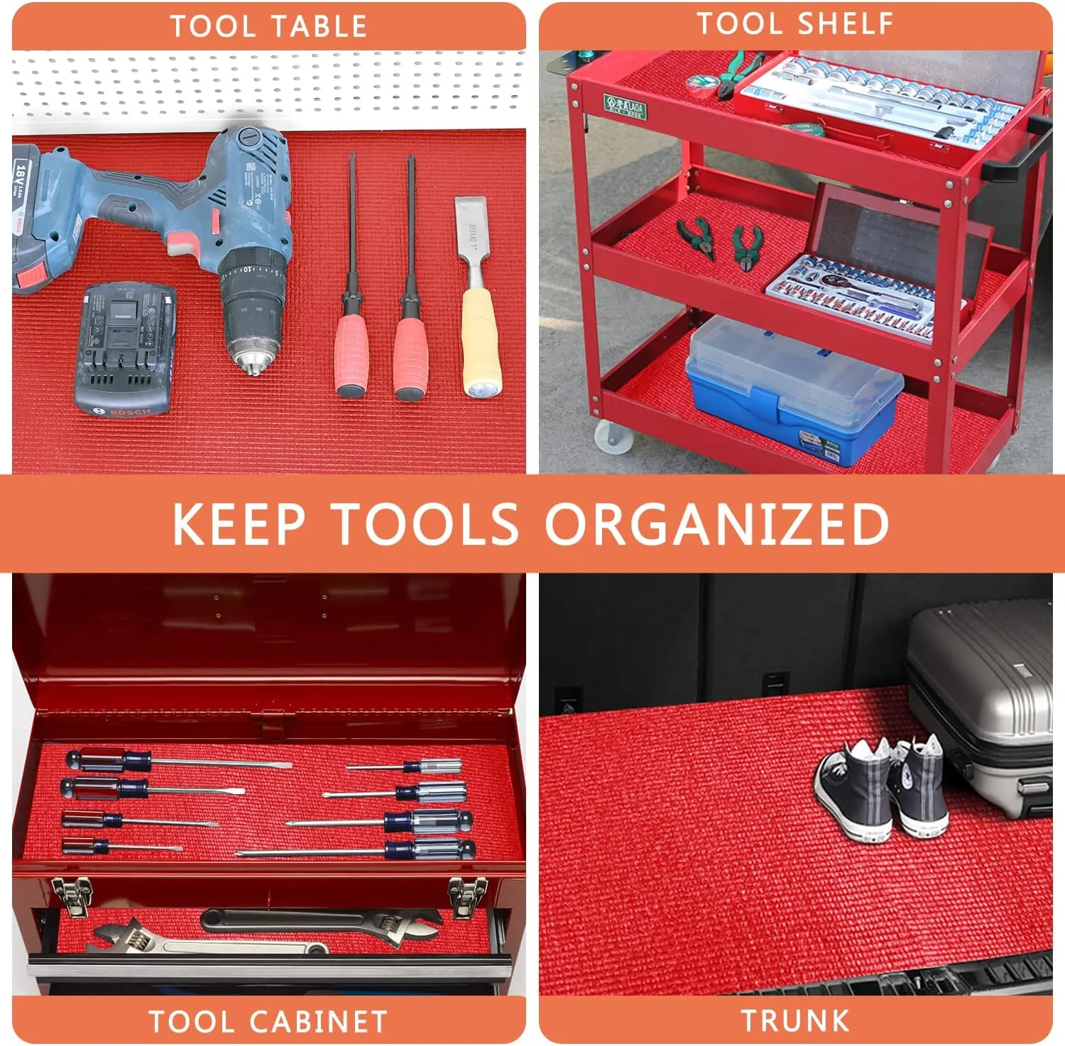 Foam Toolbox Liner Drawer Mat 1/8 Inch Thick X 16 Inch Wide X 16 Ft Long Red, No Slip for Protecting Cabinet, Garage, Cart, Tool Box