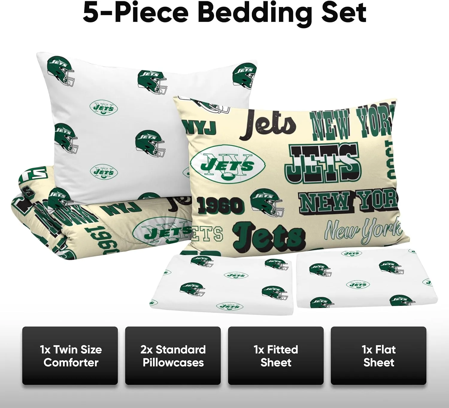 FOCO NFL Unisex-Adult NFL Team Logo Bed in a Bag Comforter Sheets Pillow Cases Bedding 5-Piece Set