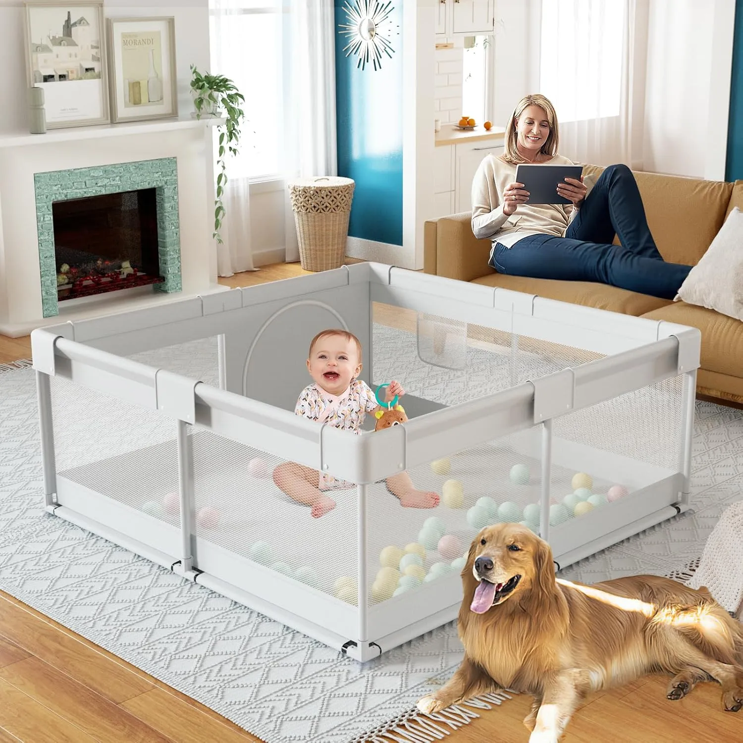 Fodoss Baby Playpen, 47x47 in Small Play Pen,Toddler Playpen for Apartment,Play Yard,Activity Fence, Extra Large Baby Playard