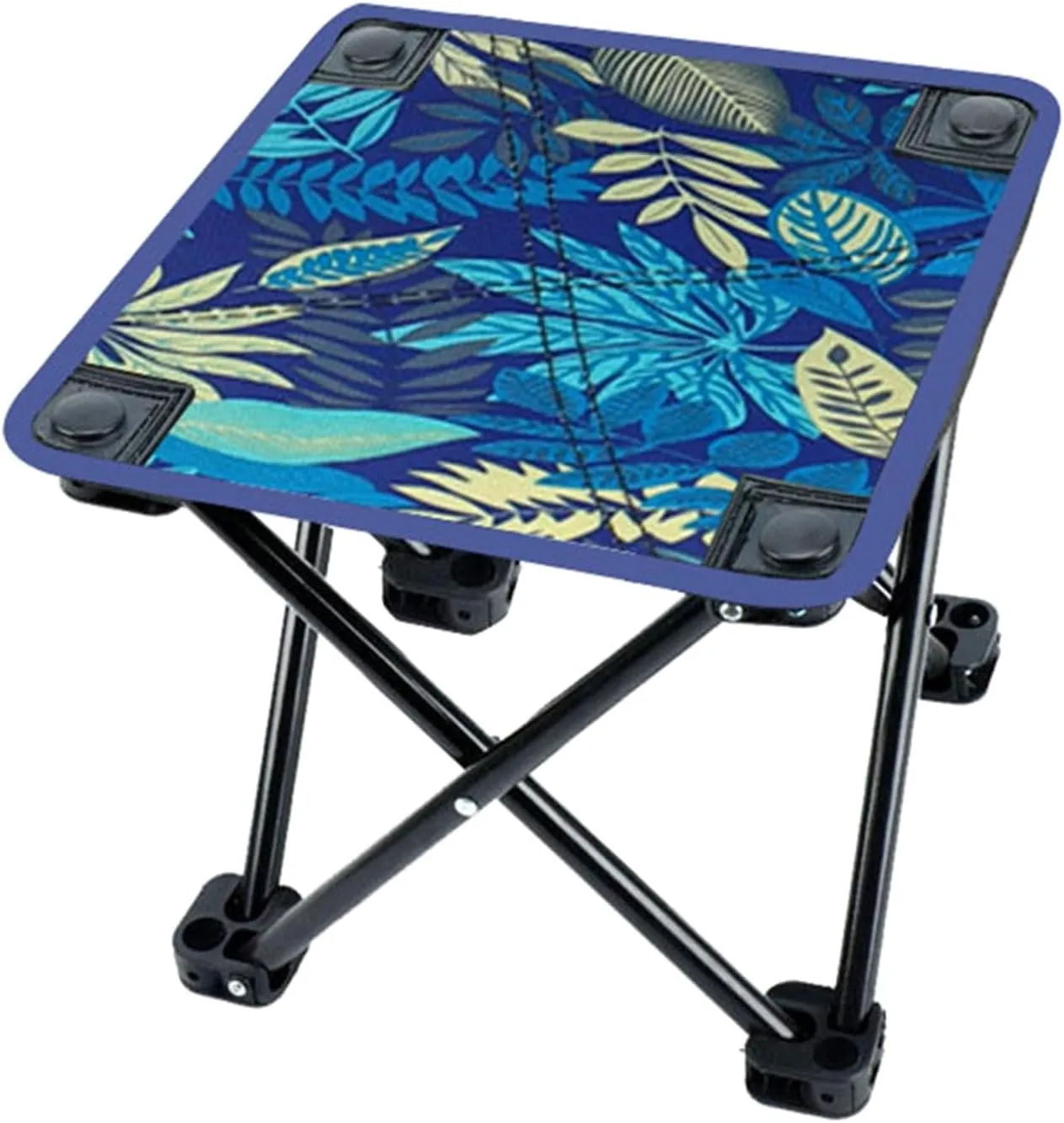 Folding Stool for Camping and Outdoor Use with Footrest, Blue Leaves