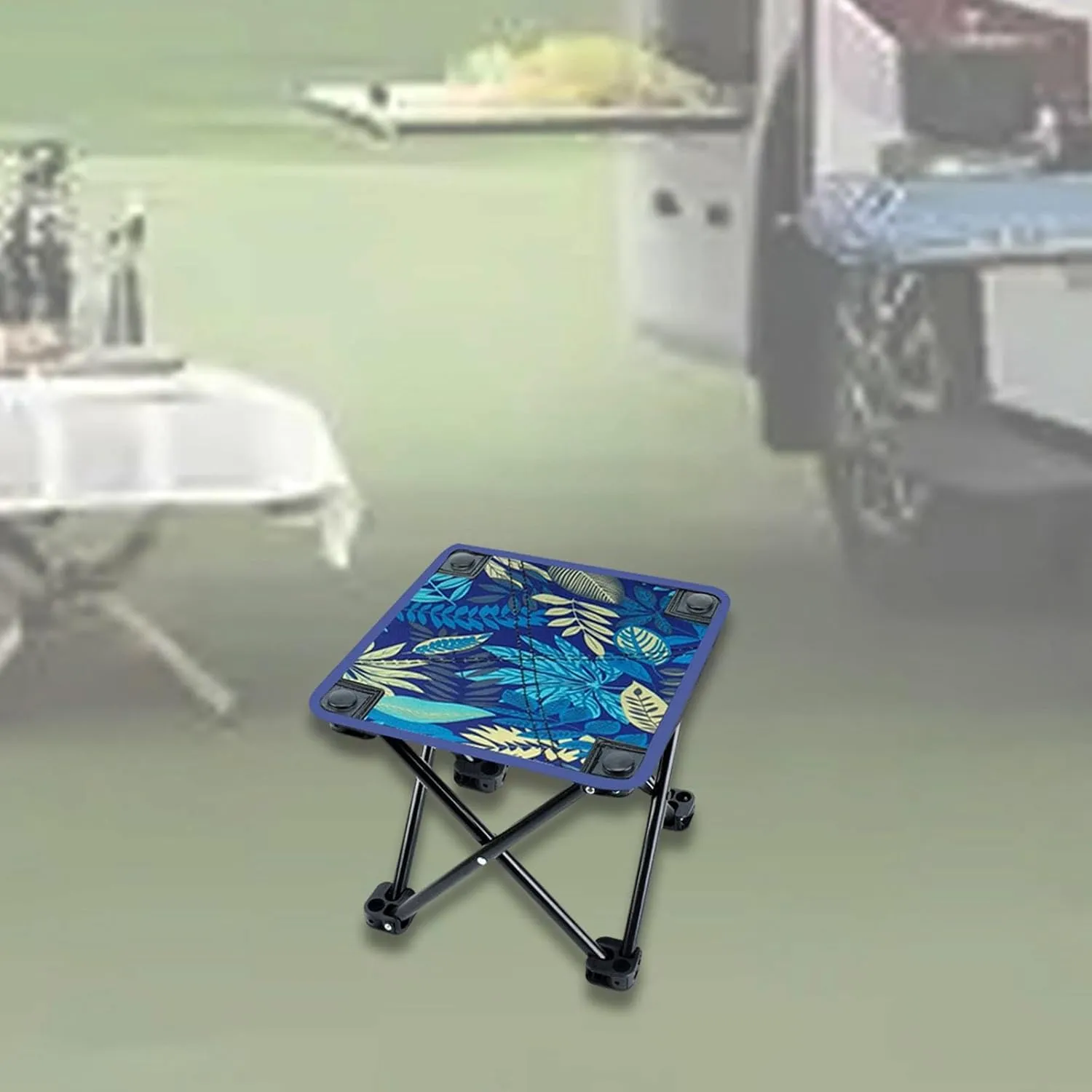 Folding Stool for Camping and Outdoor Use with Footrest, Blue Leaves