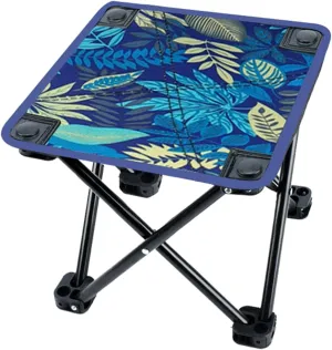 Folding Stool for Camping and Outdoor Use with Footrest, Blue Leaves