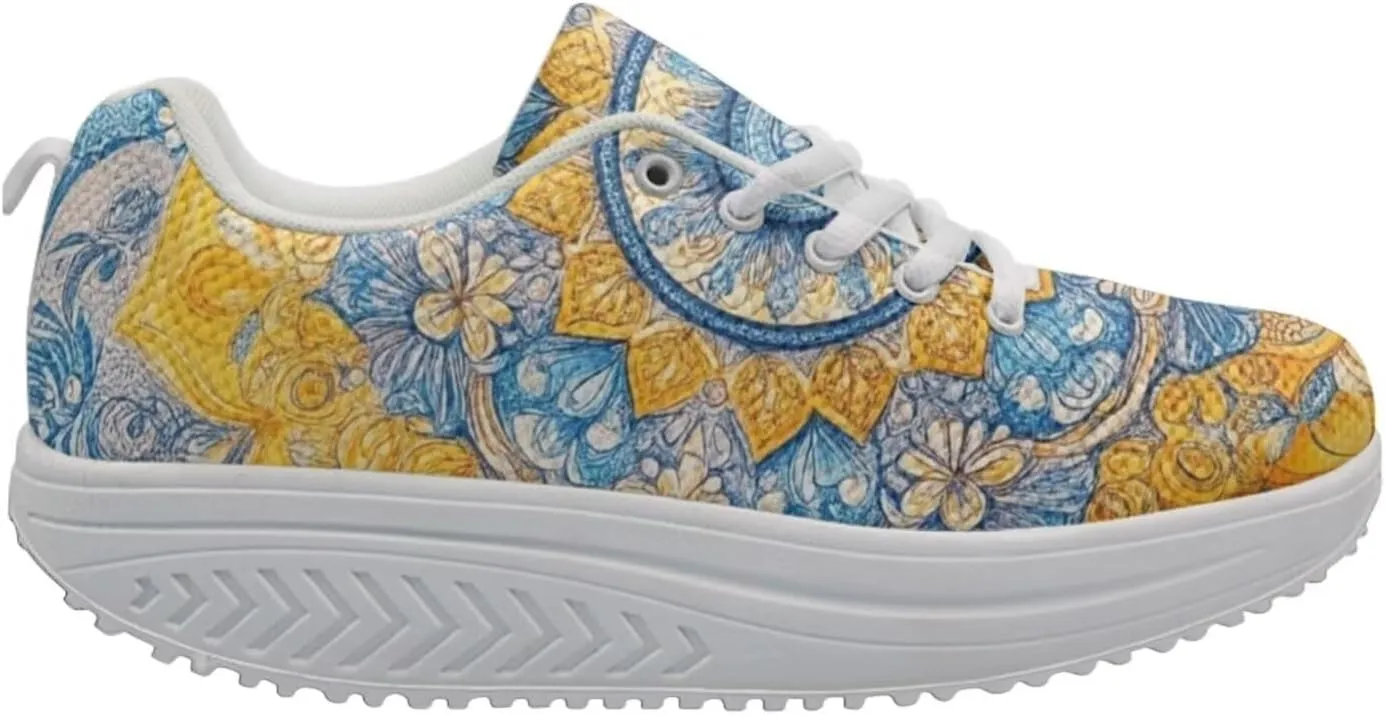 FOR U DESIGNS Breathable Women Swing Wedges Platform Shoes Floral Printed Lightweight Girls Sport Toning Sneakers