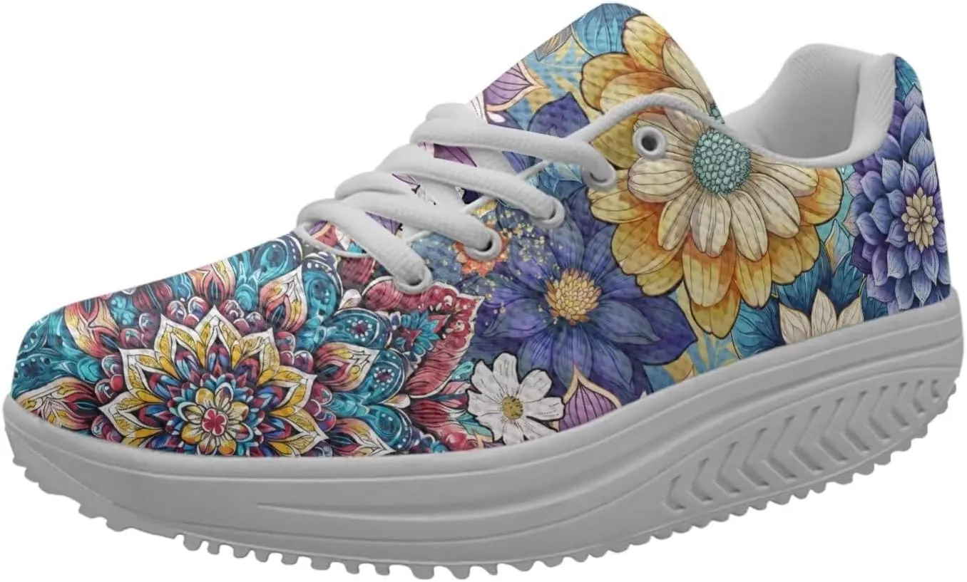 FOR U DESIGNS Breathable Women Swing Wedges Platform Shoes Floral Printed Lightweight Girls Sport Toning Sneakers