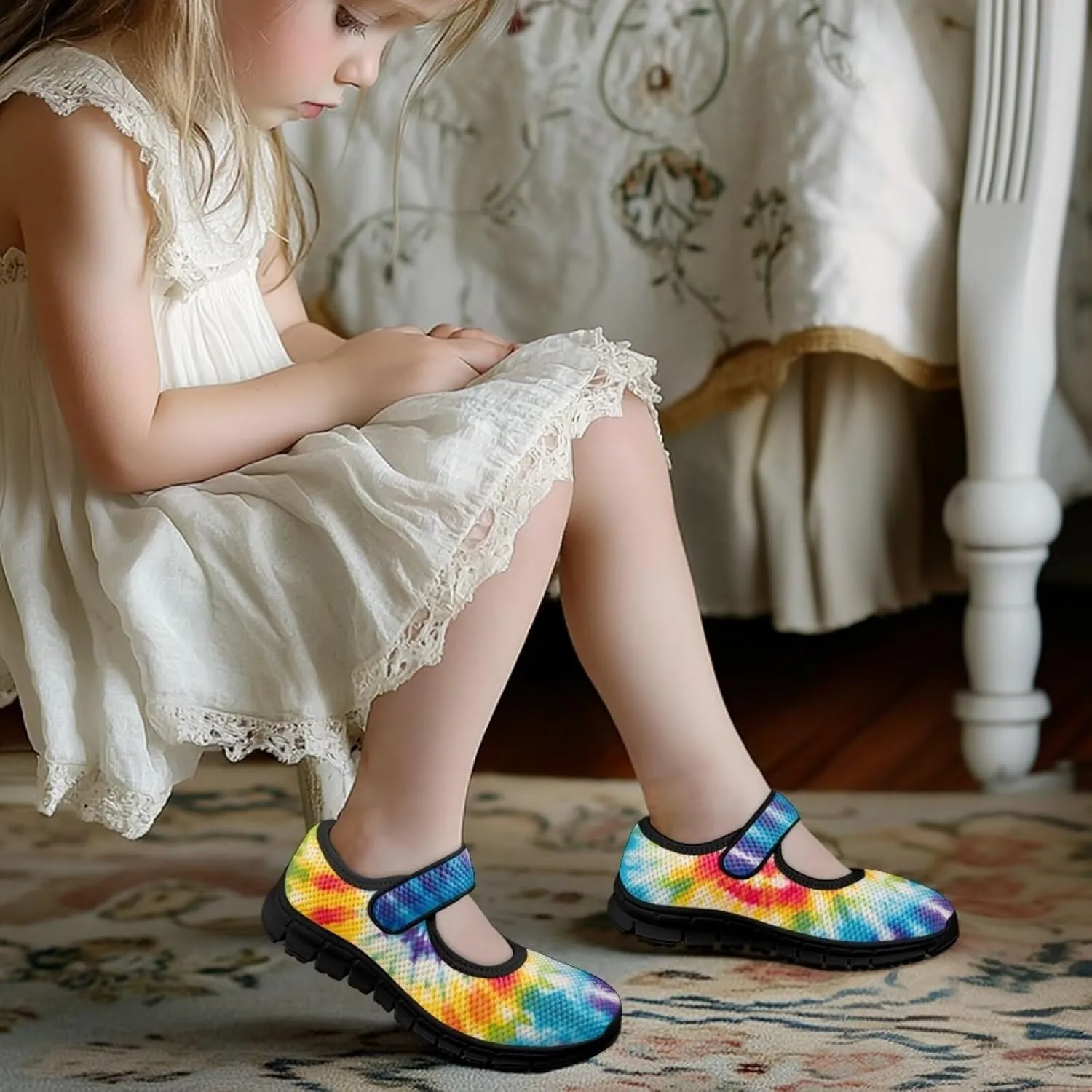 Forchrinse Rainbow Girls and Toddler Mary Jane Sneakers Soft Sole Barefoot Flats Comfort School Party Play Shoes Ballet Flats for Kids Size 11-2.5