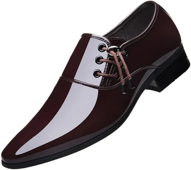Formal Shoes Dress Oxford for Men Classic Lace Up Wedding Pointed Toe Burnished Leather Prom Non Slip Low Top Block Heel Anti-Slip Shoe