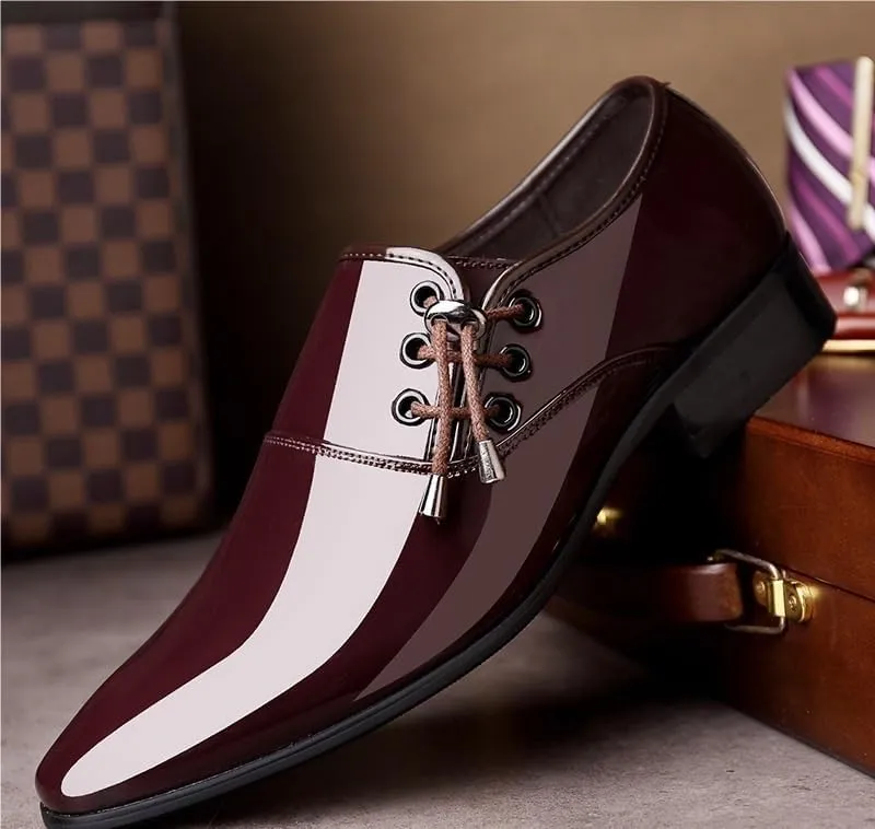 Formal Shoes Dress Oxford for Men Classic Lace Up Wedding Pointed Toe Burnished Leather Prom Non Slip Low Top Block Heel Anti-Slip Shoe