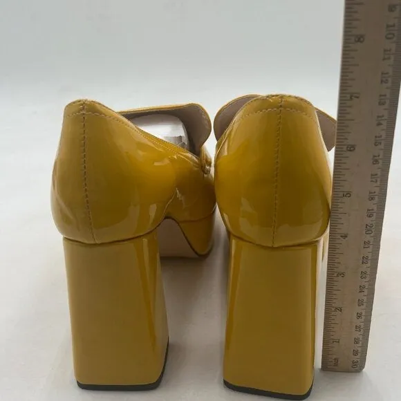 FSJ Goldenrod Square Toe Glossy Platform Pumps Chunky High Heel Slip On Shoes