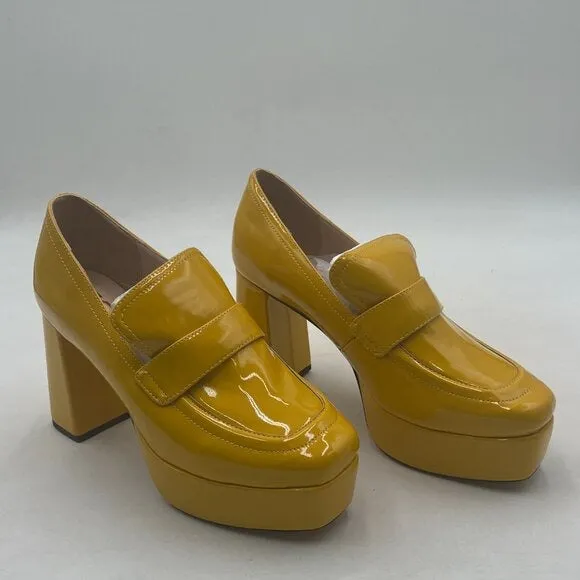 FSJ Goldenrod Square Toe Glossy Platform Pumps Chunky High Heel Slip On Shoes