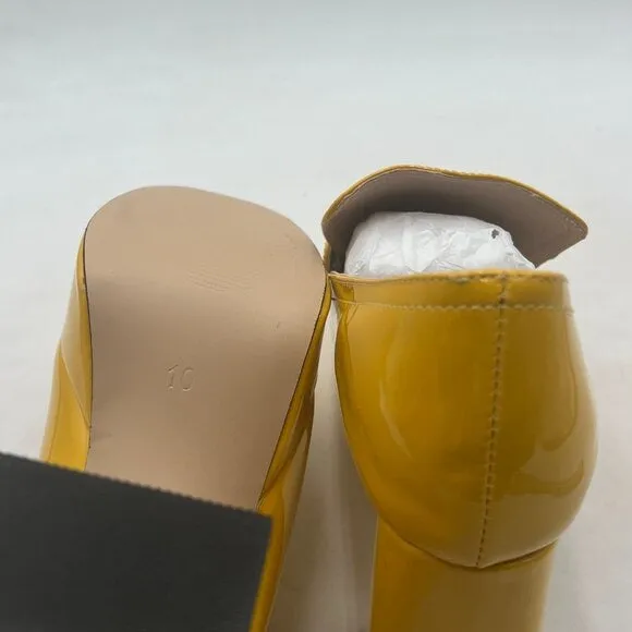 FSJ Goldenrod Square Toe Glossy Platform Pumps Chunky High Heel Slip On Shoes