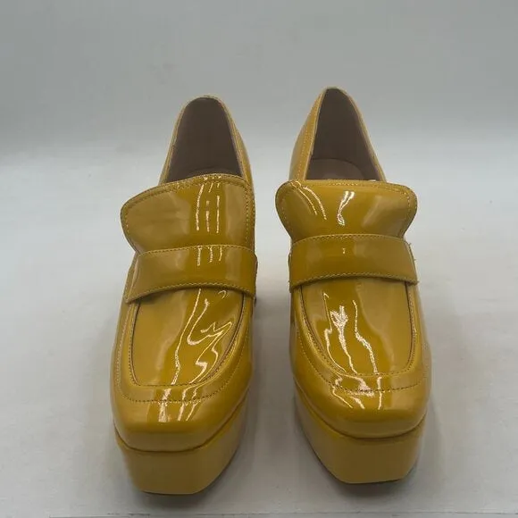 FSJ Goldenrod Square Toe Glossy Platform Pumps Chunky High Heel Slip On Shoes