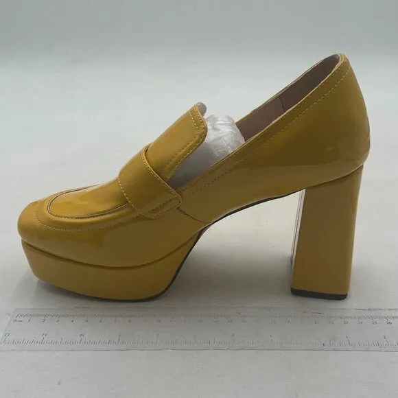 FSJ Goldenrod Square Toe Glossy Platform Pumps Chunky High Heel Slip On Shoes
