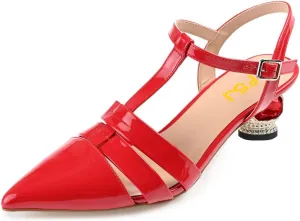 FSJ Women Elegant Block Low Heel T-Strap Pointed Toe Ankle Strap Gladiator Sandals Crystal Office Work Pump Shoes Size 4-16 US