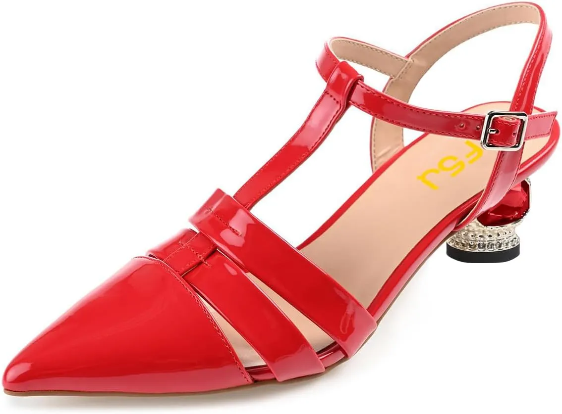 FSJ Women Elegant Block Low Heel T-Strap Pointed Toe Ankle Strap Gladiator Sandals Crystal Office Work Pump Shoes Size 4-16 US