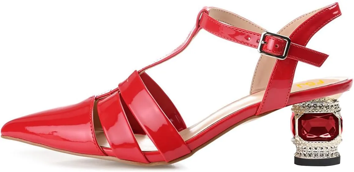 FSJ Women Elegant Block Low Heel T-Strap Pointed Toe Ankle Strap Gladiator Sandals Crystal Office Work Pump Shoes Size 4-16 US