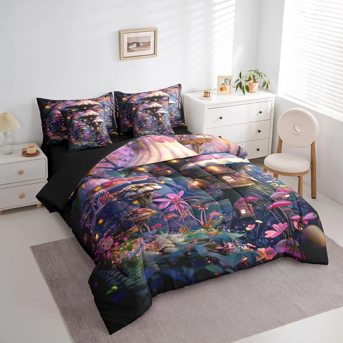 Full Size 7 Piece Comforter Set Mushroom Flower Bed Sheet Jungle Cabin Floral Bedding Sets Pink Reversible Bed Sheet Sets(1 Comforter 2 Pillowcases 1 Flat Sheet 1 Fitted Sheet 2 Throw Pillow Covers