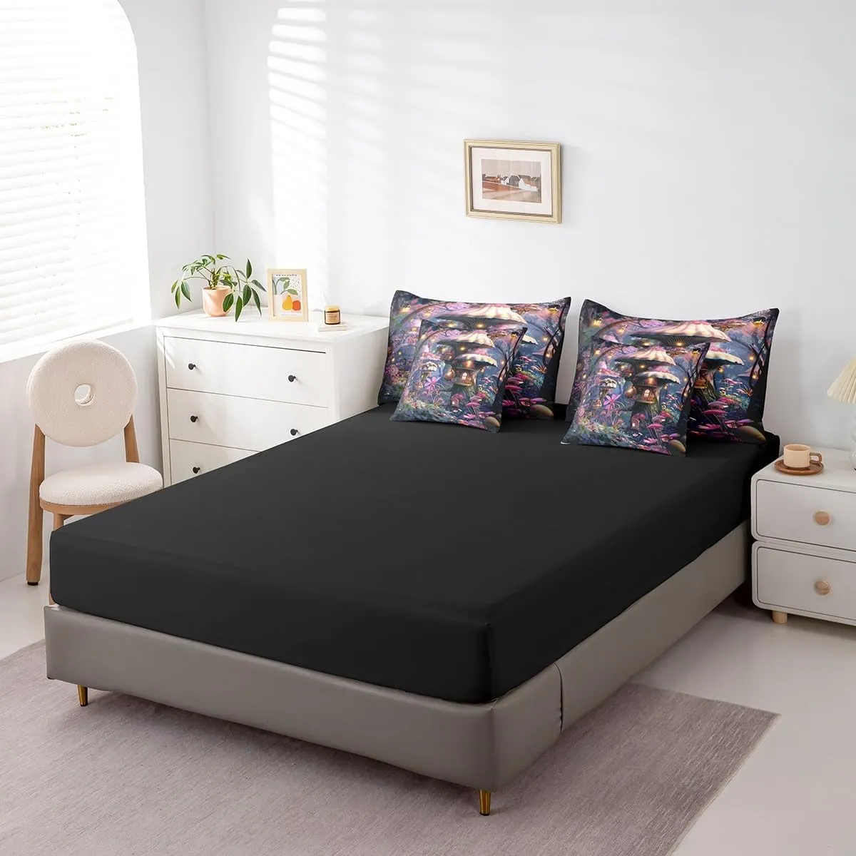 Full Size 7 Piece Comforter Set Mushroom Flower Bed Sheet Jungle Cabin Floral Bedding Sets Pink Reversible Bed Sheet Sets(1 Comforter 2 Pillowcases 1 Flat Sheet 1 Fitted Sheet 2 Throw Pillow Covers