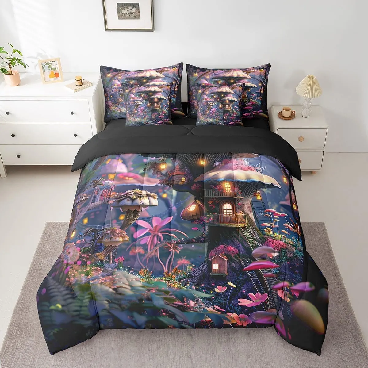 Full Size 7 Piece Comforter Set Mushroom Flower Bed Sheet Jungle Cabin Floral Bedding Sets Pink Reversible Bed Sheet Sets(1 Comforter 2 Pillowcases 1 Flat Sheet 1 Fitted Sheet 2 Throw Pillow Covers