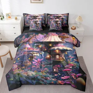 Full Size 7 Piece Comforter Set Mushroom Flower Bed Sheet Jungle Cabin Floral Bedding Sets Pink Reversible Bed Sheet Sets(1 Comforter 2 Pillowcases 1 Flat Sheet 1 Fitted Sheet 2 Throw Pillow Covers
