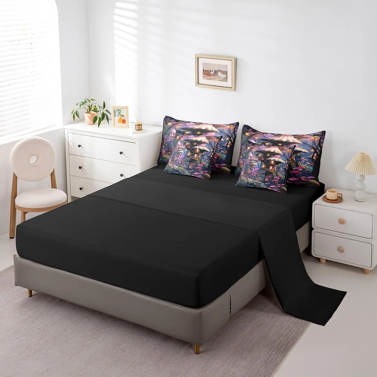 Full Size 7 Piece Comforter Set Mushroom Flower Bed Sheet Jungle Cabin Floral Bedding Sets Pink Reversible Bed Sheet Sets(1 Comforter 2 Pillowcases 1 Flat Sheet 1 Fitted Sheet 2 Throw Pillow Covers