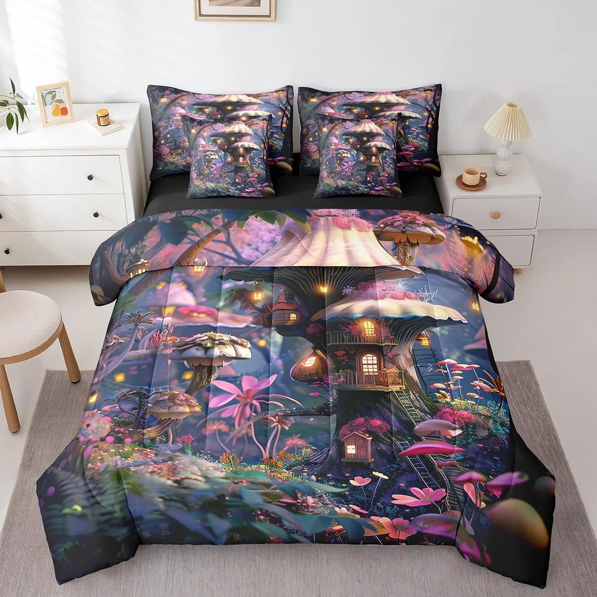 Full Size 7 Piece Comforter Set Mushroom Flower Bed Sheet Jungle Cabin Floral Bedding Sets Pink Reversible Bed Sheet Sets(1 Comforter 2 Pillowcases 1 Flat Sheet 1 Fitted Sheet 2 Throw Pillow Covers