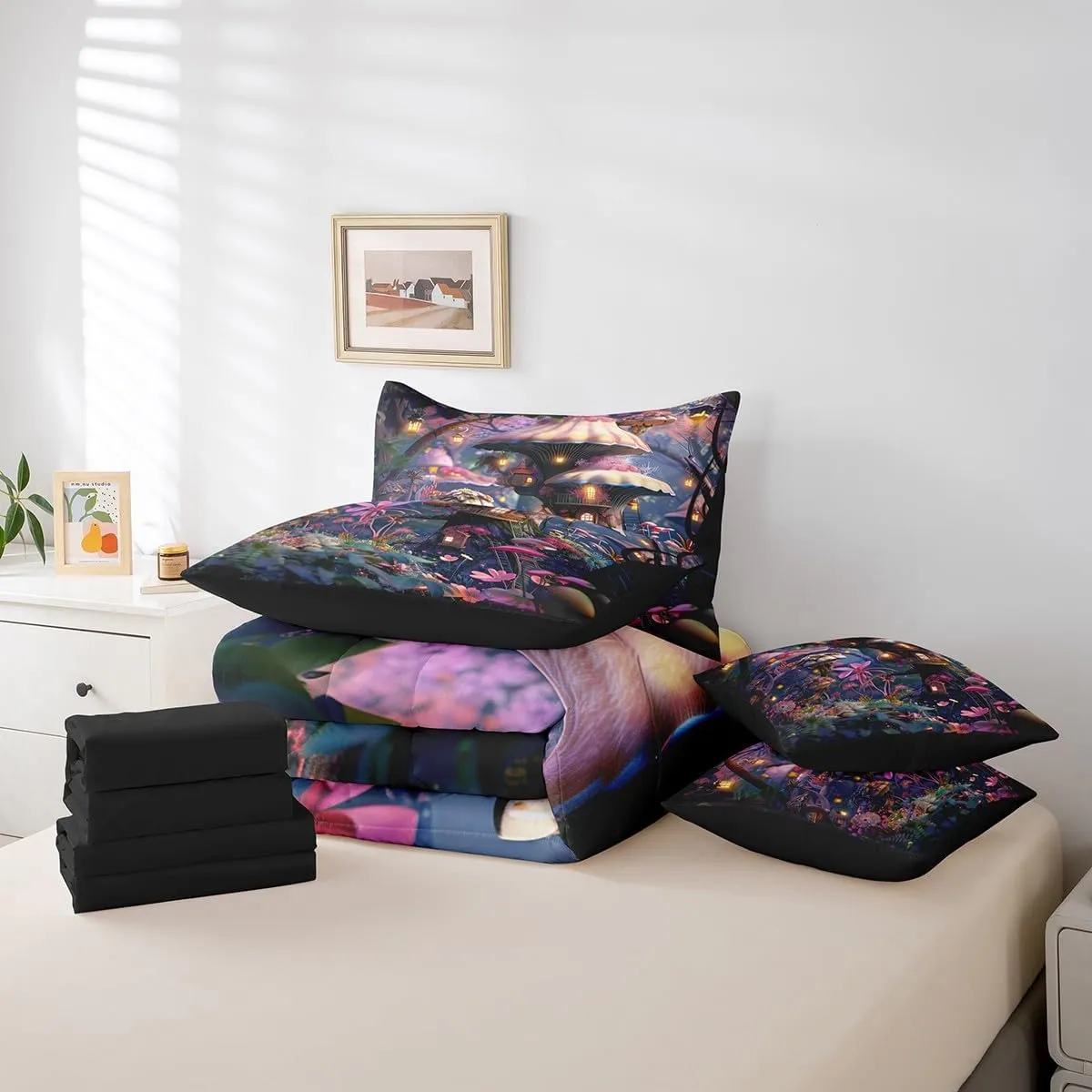 Full Size 7 Piece Comforter Set Mushroom Flower Bed Sheet Jungle Cabin Floral Bedding Sets Pink Reversible Bed Sheet Sets(1 Comforter 2 Pillowcases 1 Flat Sheet 1 Fitted Sheet 2 Throw Pillow Covers
