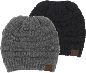 Funky Junque Solid Ribbed Beanie Soft Stretch Cable Knit Slouchy Hat Warm Skull Cap