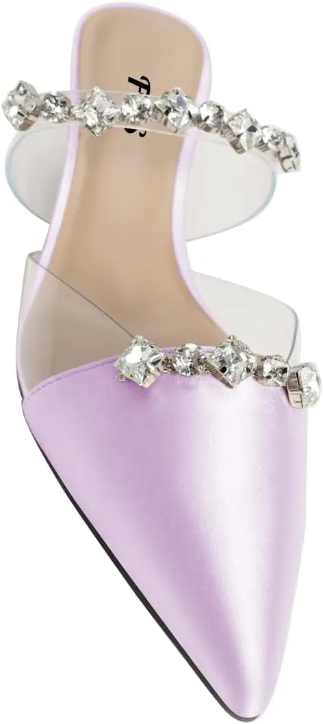 FYS Women Pointed Toe Kitten Heeled Mules Rhinestone Clear Strap Slip On Sandals Slide Satin Summer Party Dress Wedding Bridal Prom Backless Pump Shoes Size 4-15 US