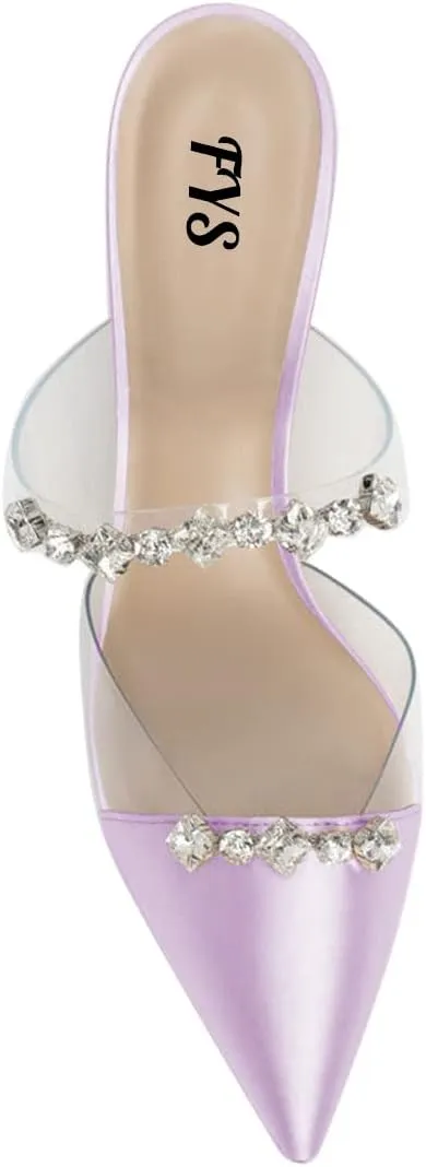 FYS Women Pointed Toe Kitten Heeled Mules Rhinestone Clear Strap Slip On Sandals Slide Satin Summer Party Dress Wedding Bridal Prom Backless Pump Shoes Size 4-15 US