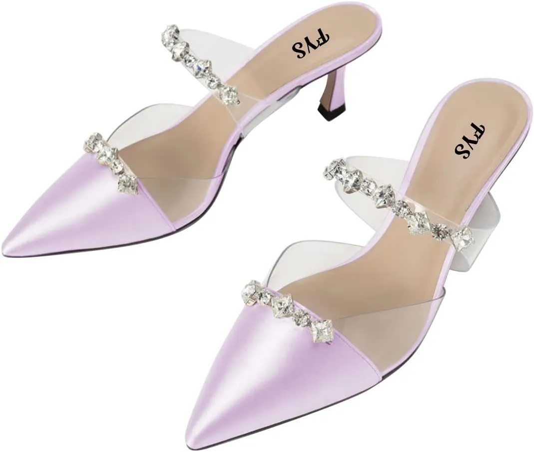 FYS Women Pointed Toe Kitten Heeled Mules Rhinestone Clear Strap Slip On Sandals Slide Satin Summer Party Dress Wedding Bridal Prom Backless Pump Shoes Size 4-15 US