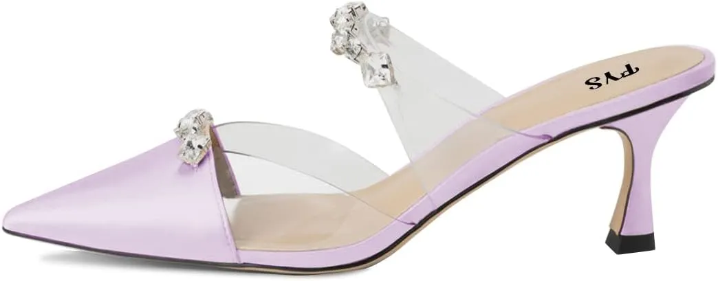 FYS Women Pointed Toe Kitten Heeled Mules Rhinestone Clear Strap Slip On Sandals Slide Satin Summer Party Dress Wedding Bridal Prom Backless Pump Shoes Size 4-15 US