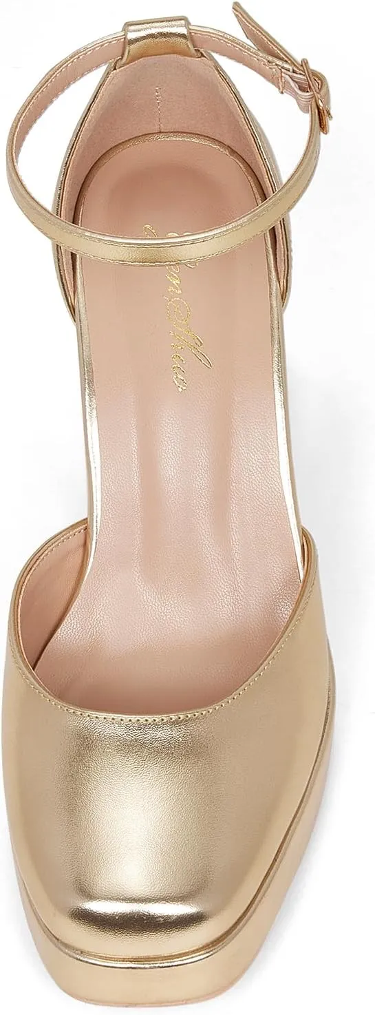GENSHUO Women's Platform Chunky Heel Pumps - 4 Inches Closed Square Toe Heels with Ankle Strap Dress Wedding Party Shoes