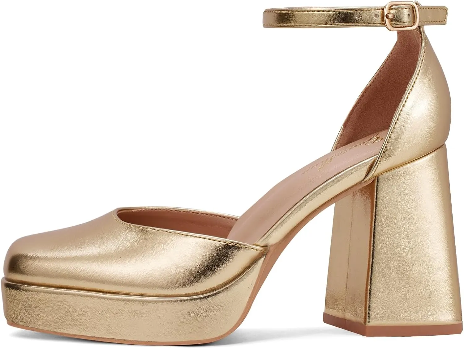 GENSHUO Women's Platform Chunky Heel Pumps - 4 Inches Closed Square Toe Heels with Ankle Strap Dress Wedding Party Shoes