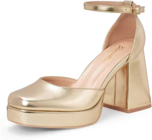 GENSHUO Women's Platform Chunky Heel Pumps - 4 Inches Closed Square Toe Heels with Ankle Strap Dress Wedding Party Shoes