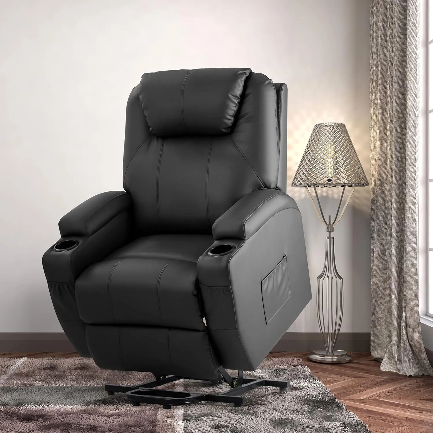 Genuine Leather Power Lift Recliner Sofa with Massage, Adjustable High Back Reclining Chair for Elderly, Home Theater, Living Room, and Office Use