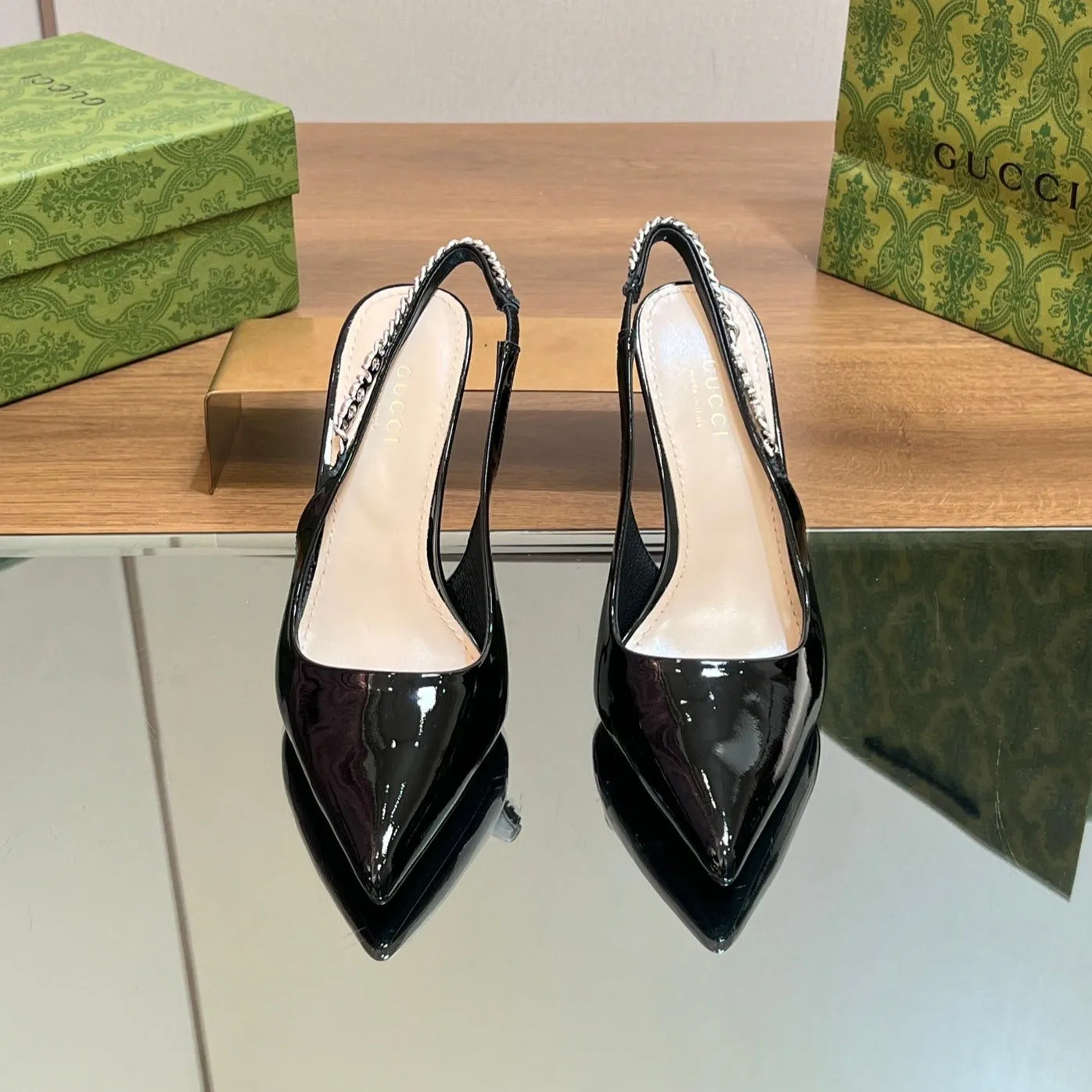 GG SIGNORIA SLINGBACK PUMP GLOSSY BLACK LAMBSKIN