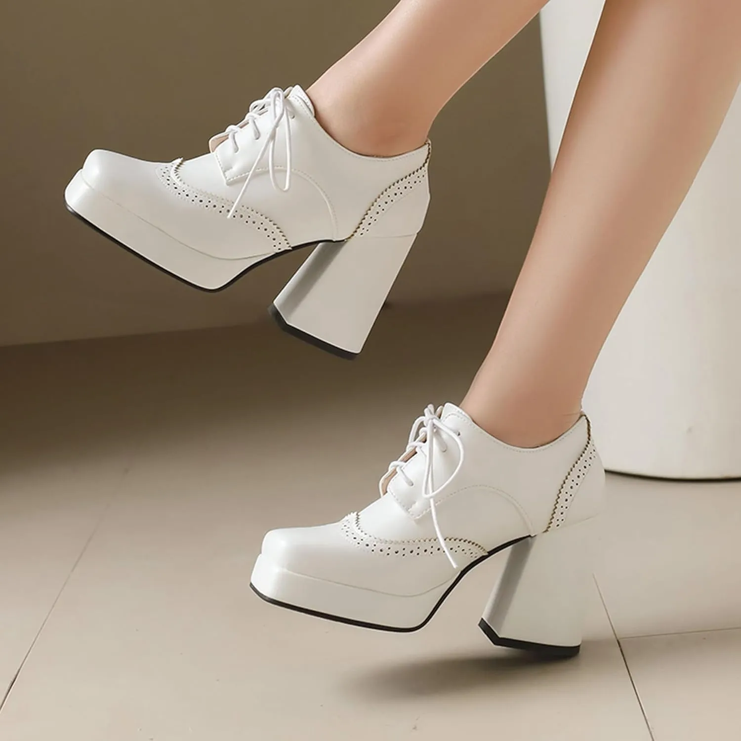 Gicoiz Patent Oxford Women Office Work Lace Up Stylish Brogue Pumps