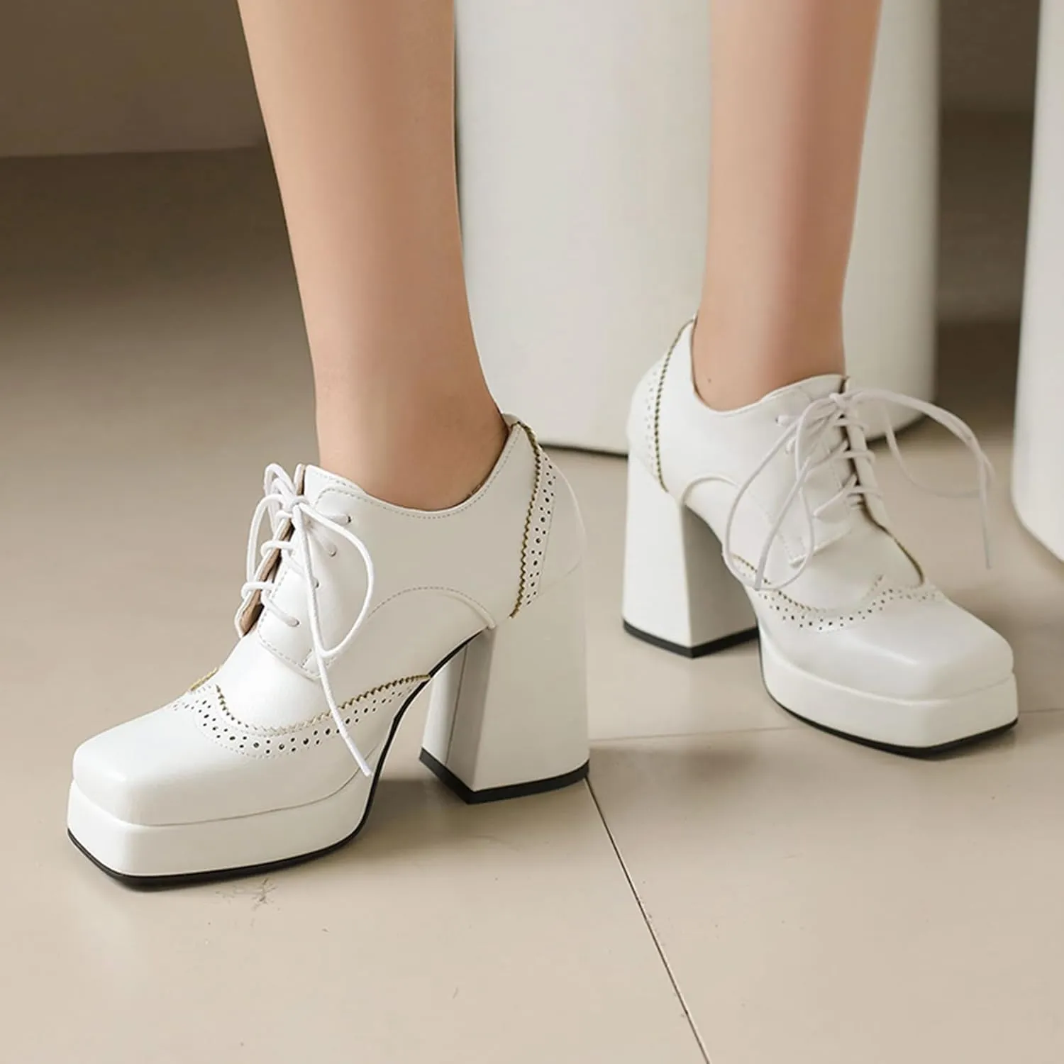 Gicoiz Patent Oxford Women Office Work Lace Up Stylish Brogue Pumps